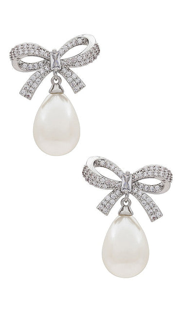 SHASHI Pave Bow Pearl Drop Earring in Metallic Silver