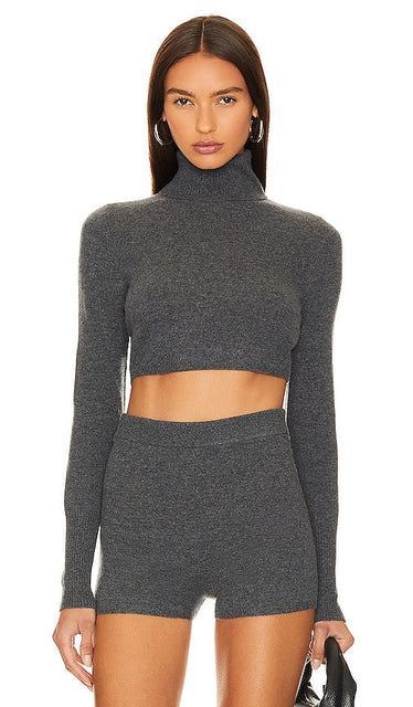 SIMKHAI Brie Cropped Sweater in Charcoal - SIMKHAI Brie Pull court en charbon de bois - SIMKHAI Brie 木炭色短款毛衣 - SIMKHAI Brie Kurzpullover in Anthrazit - SIMKHAI 브리 크롭 스웨터 차콜 색상 - Maglione corto SIMKHAI Brie in antracite