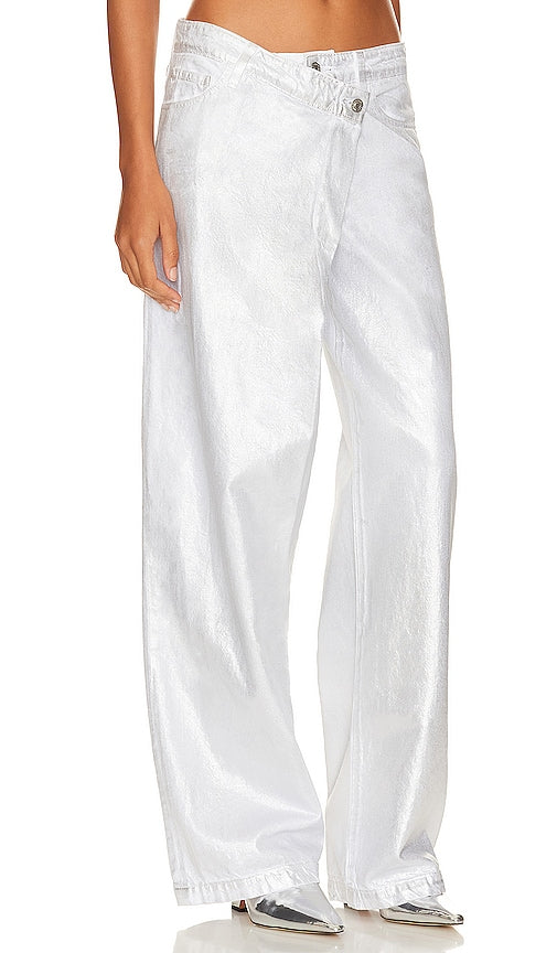 SIMKHAI Casey Overlap Wide Leg Jean in Metallic Silver