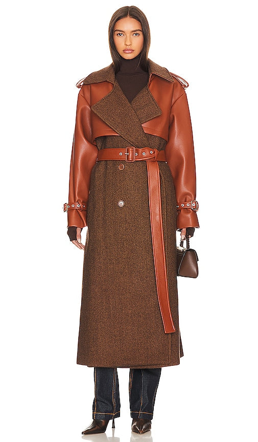 SIMKHAI Doni Faux Leather Trench Coat in Brown