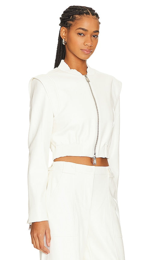 SIMKHAI Doreen Faux Leather Bomber Jacket in Ivory