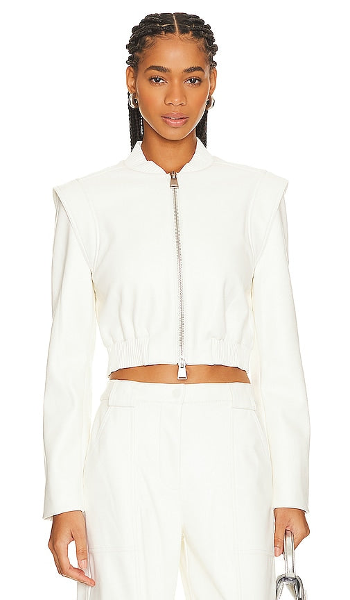 SIMKHAI Doreen Faux Leather Bomber Jacket in Ivory - SIMKHAI Doreen - Blouson aviateur en similicuir en ivoire - SIMKHAI Doreen 象牙色人造皮革飞行员夹克 - SIMKHAI Doreen Kunstleder-Bomberjacke in Elfenbein - SIMKHAI Doreen 인조 가죽 봄버 재킷 - Giubbotto bomber in ecopelle SIMKHAI Doreen in avorio