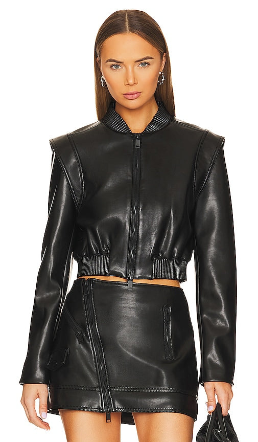 SIMKHAI Doreen Regenerated Leather Bomber Jacket in Black