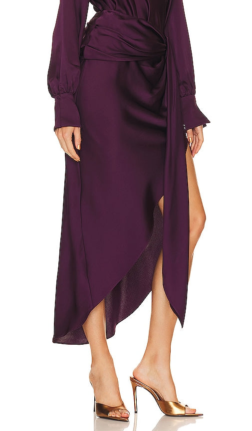 SIMKHAI Elisabetta Draped Midi Skirt in Wine