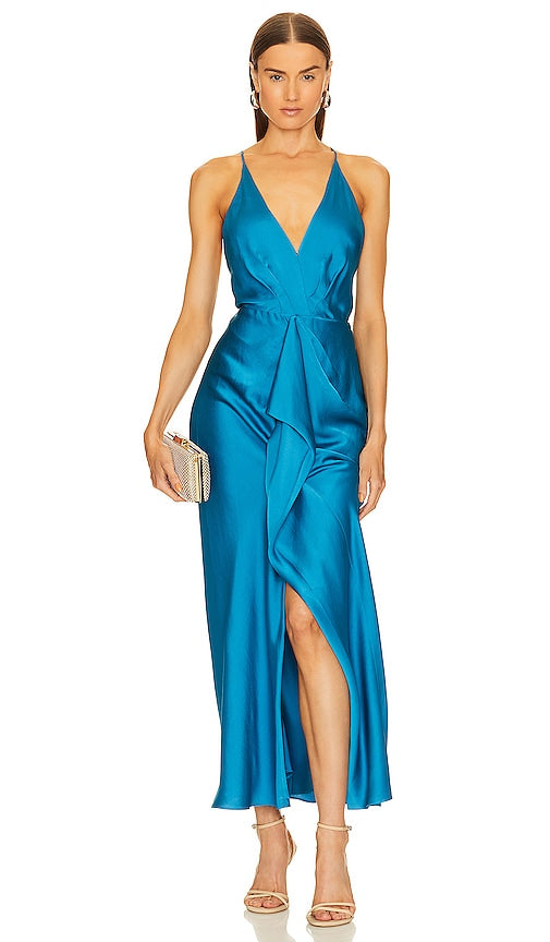 SIMKHAI Giana Draped Gown in Teal - Robe drapée SIMKHAI Giana en bleu sarcelle - SIMKHAI Giana 青色垂褶礼服 - SIMKHAI Giana drapiertes Kleid in Blaugrün - SIMKHAI Giana 드레이프 가운청록색 - Abito drappeggiato SIMKHAI Giana in verde acqua