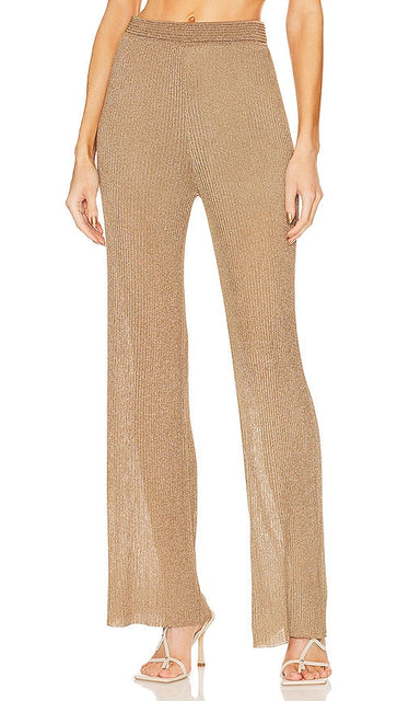 SIMKHAI Neriah Metallic Rib Straight Pants in Tan - SIMKHAI Neriah Pantalon droit côtelé métallisé en beige - SIMKHAI Neriah 黄褐色金属色罗纹直筒裤 - SIMKHAI Neriah Metallic Rib Gerade Hose in Hellbraun - SIMKHAI Neriah 메탈릭 립 스트레이트 팬츠 (탠 색상) - Pantaloni dritti a coste metalliche SIMKHAI Neriah in marrone chiaro