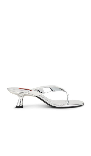 SIMONMILLER Beep Thong Sandal in Metallic Silver, grey | Silver Heeled Sandals for Women