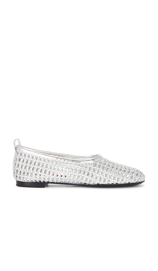 SIMONMILLER Chrome Woven Riad Flat in Metallic Silver | Silver Ballet Flats for Women