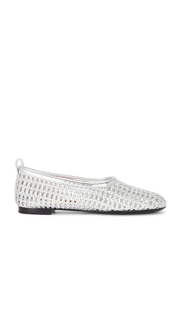 SIMONMILLER Chrome Woven Riad Flat in Metallic Silver | Silver Ballet Flats for Women