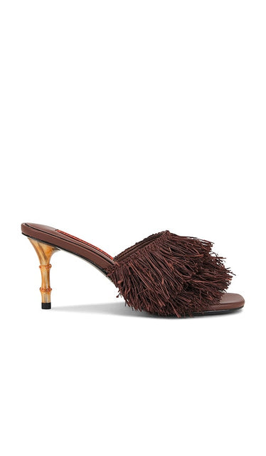 SIMONMILLER Fringe Playa Bamboo Heel in Chocolate | Chocolate Open Toe Heels for Women