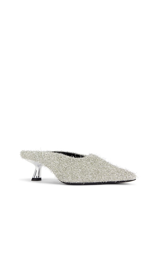 SIMONMILLER Gala Tinsel Pointed Mule in Metallic Silver