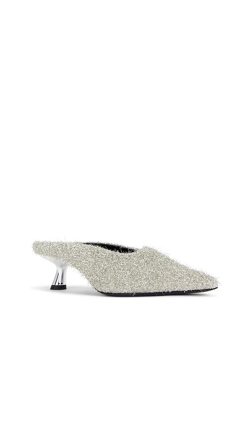SIMONMILLER Gala Tinsel Pointed Mule in Metallic Silver