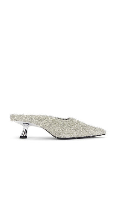 SIMONMILLER Gala Tinsel Pointed Mule in Metallic Silver | Silver Closed Toe Mules for Women