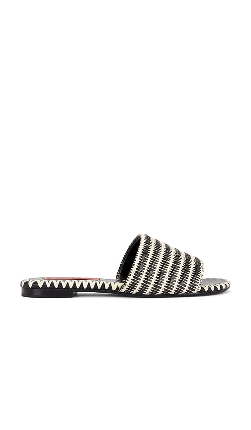 SIMONMILLER Stripe Salerno Sandal in Black | Black & Natural Stripe Flat Sandals for Women