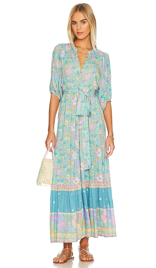 SPELL Hibiscus Lane Button Through Gown in Baby Blue
