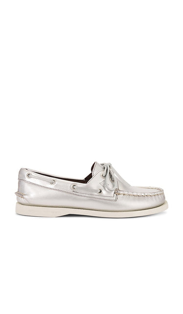 Sperry Ao 2 Eye Loafer in Metallic Silver, grey | Silver Loafers & Oxfords Flats for Women