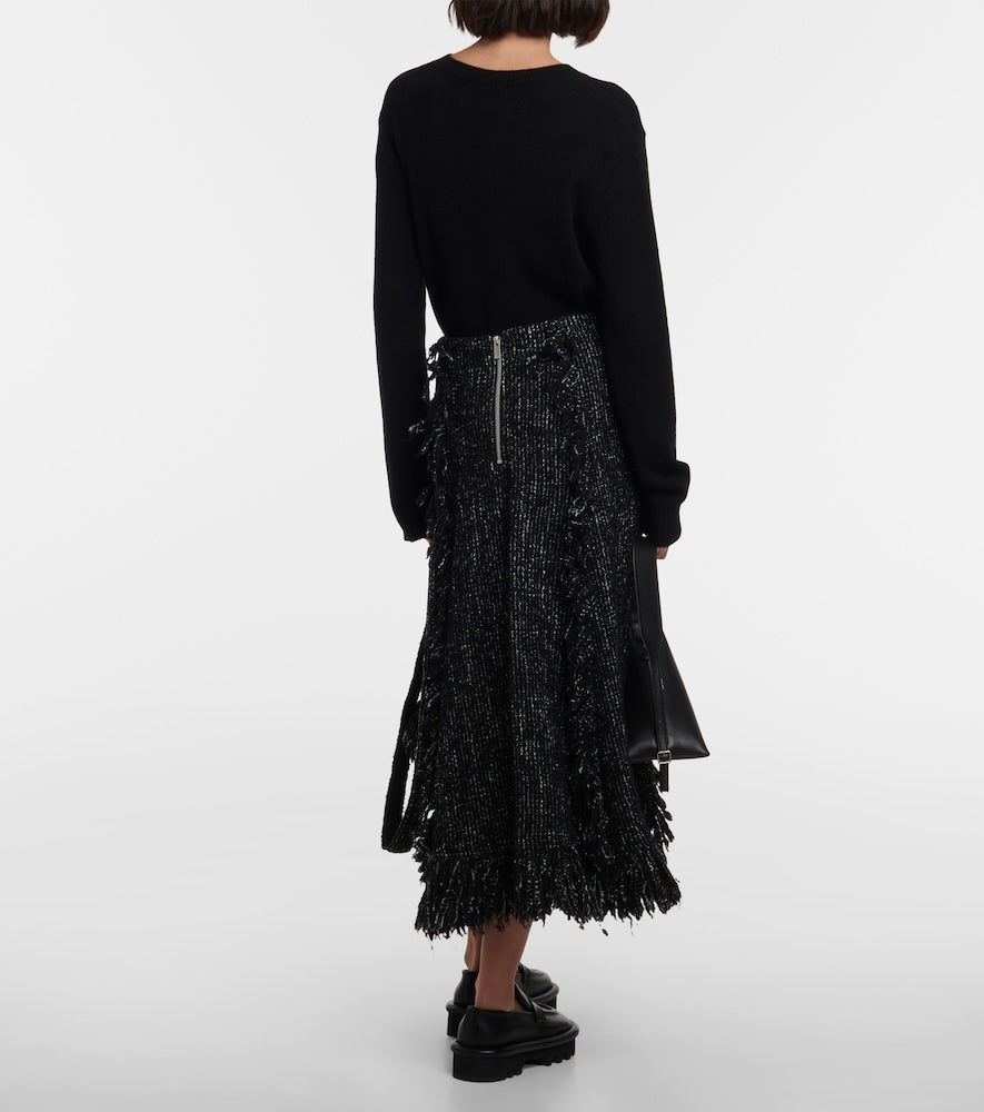 Sacai Fringed flared tweed midi skirt