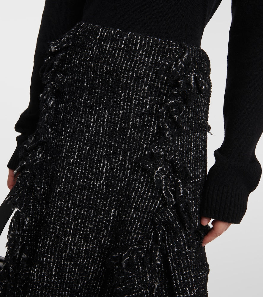 Sacai Fringed flared tweed midi skirt