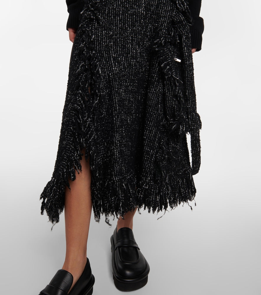 Sacai Fringed flared tweed midi skirt