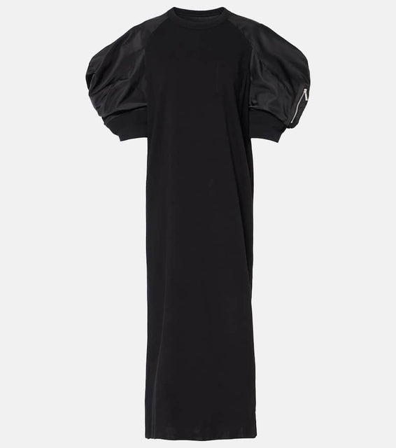 Sacai Puff-sleeve cotton-blend jersey midi dress