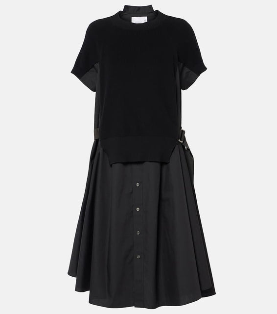 Sacai Striped jersey and poplin shirt dress