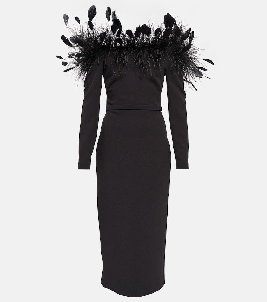 Safiyaa Feather-trimmed midi dress. Safiyaa 羽毛饰边中长连衣裙