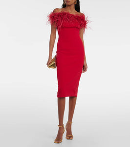 Safiyaa Starling feather-trimmed midi dress