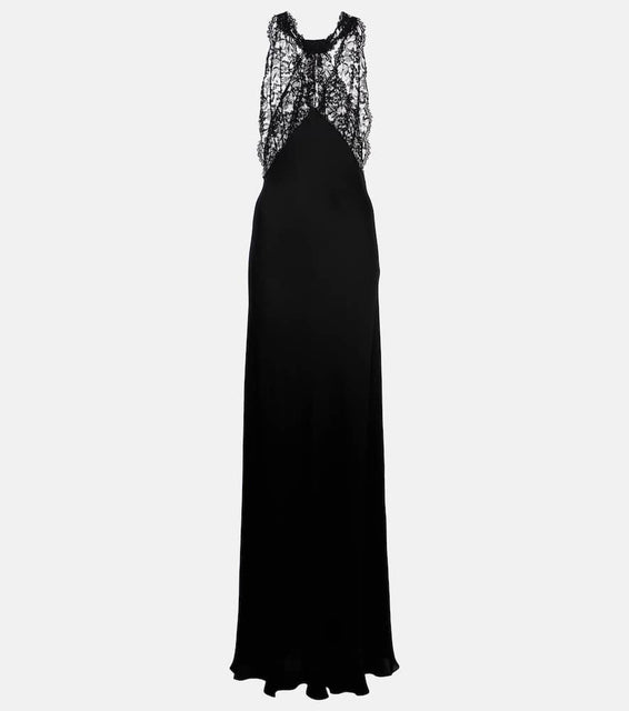 Saint Laurent Lace-trimmed silk charmeuse gown