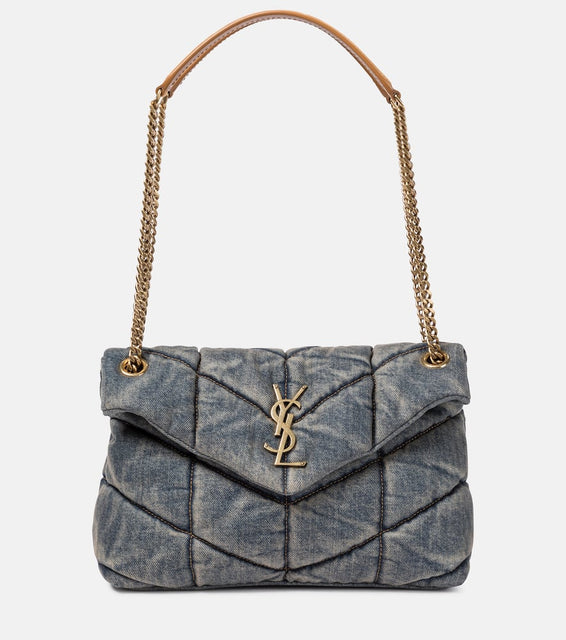Saint Laurent Puffer Small denim shoulder bag. Shop Saint Laurent Shoulder Bags for women now.