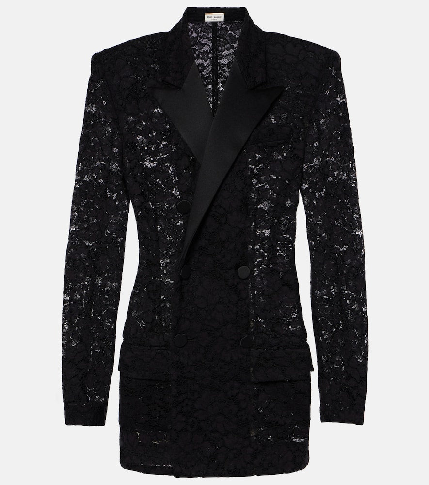 Saint Laurent Satin-trimmed guipure lace tuxedo jacket