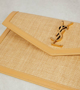 Saint Laurent Uptown leather-trimmed raffia clutch