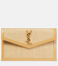 Saint Laurent Uptown leather-trimmed raffia clutch. Shop Saint Laurent Clutches for women now.