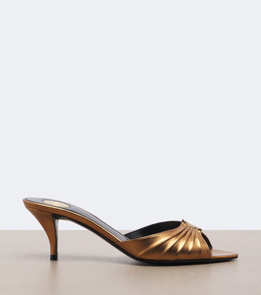 Gold Saint Laurent Babylone Cassandre metallic leather mules - Mid Heels