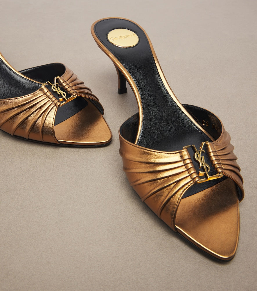 Gold Saint Laurent Babylone Cassandre metallic leather mules - Mid Heels