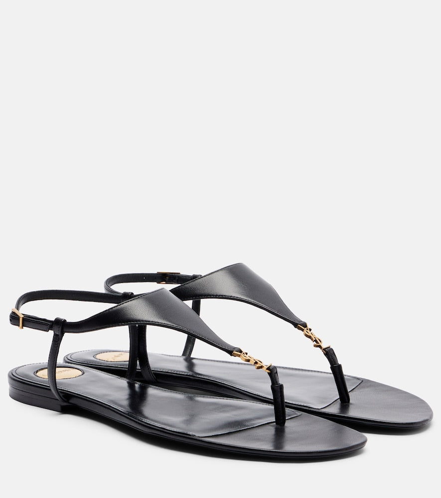 Saint Laurent Cassandre leather thong sandals - Black Flat Sandals