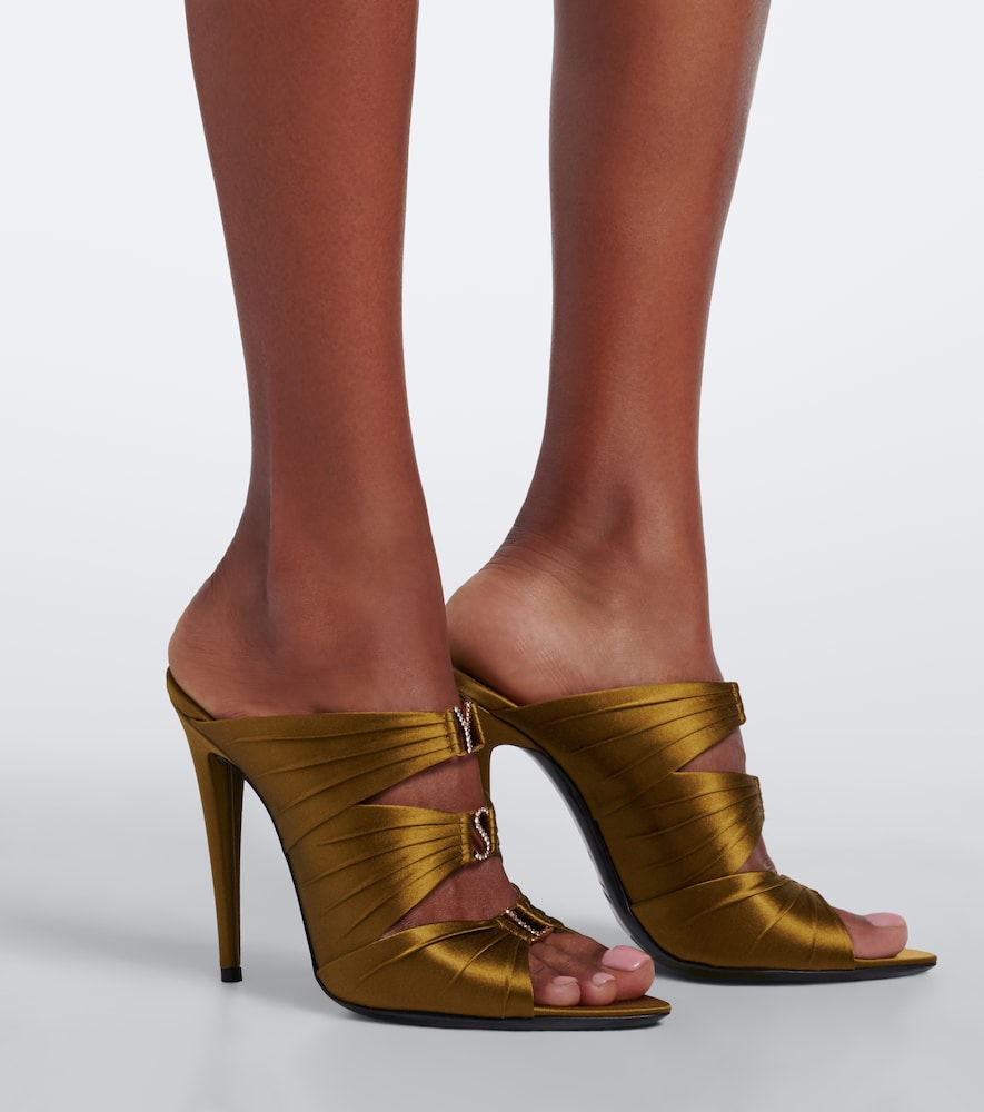 Saint Laurent Emilie embellished crepe satin mules - Green Heeled Sandals