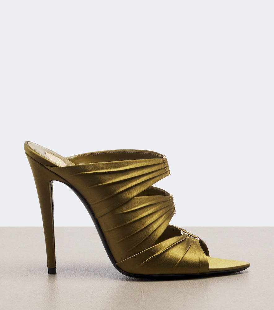 Saint Laurent Emilie embellished crepe satin mules - Green Heeled Sandals