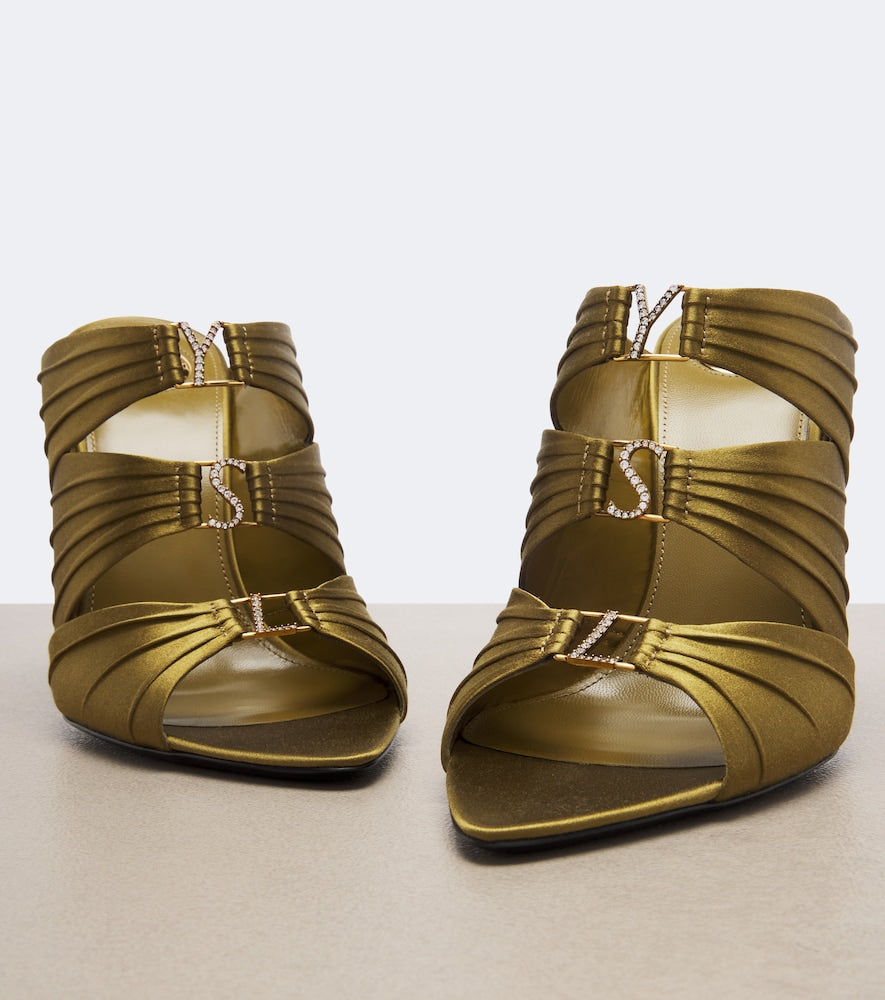 Saint Laurent Emilie embellished crepe satin mules - Green Heeled Sandals