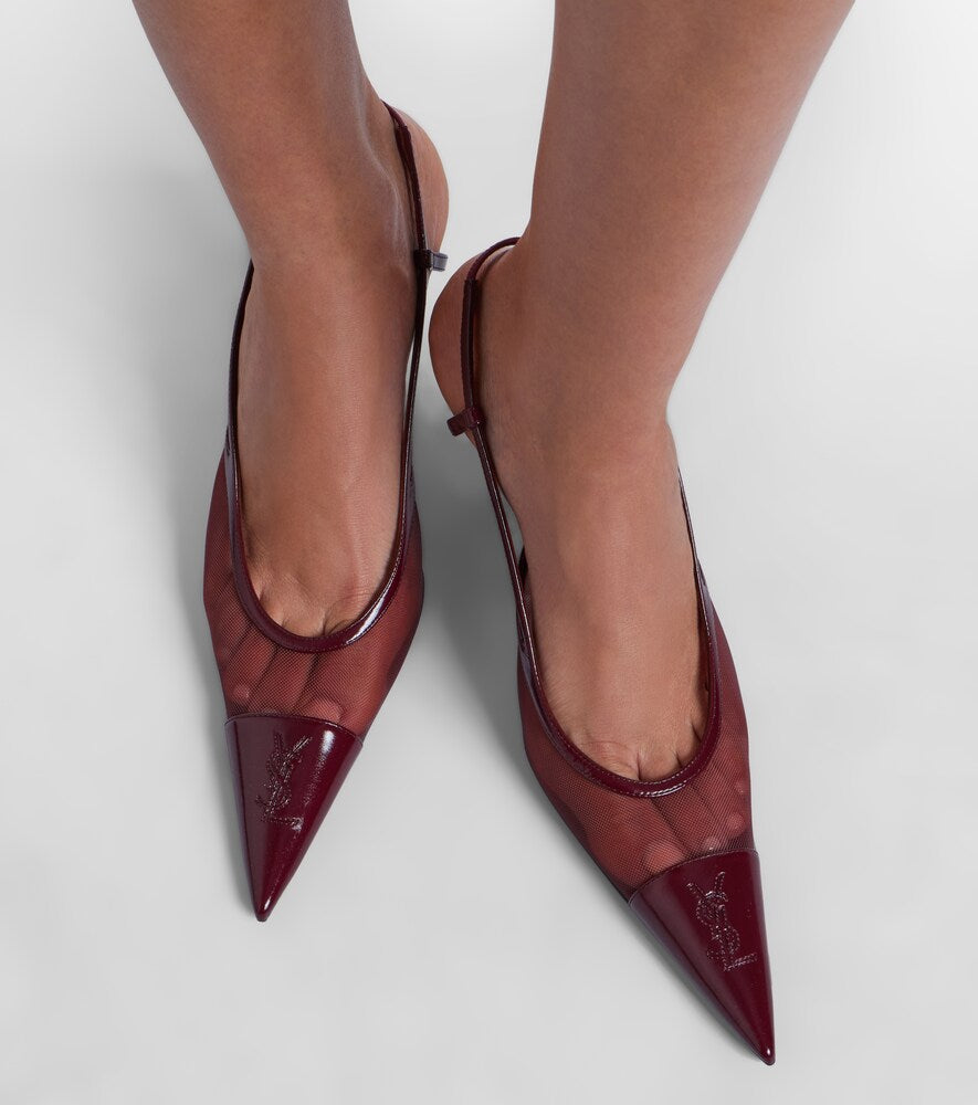 Saint Laurent Renee leather-trimmed mesh slingback pumps (Burgundy) - Mid Heel Pumps