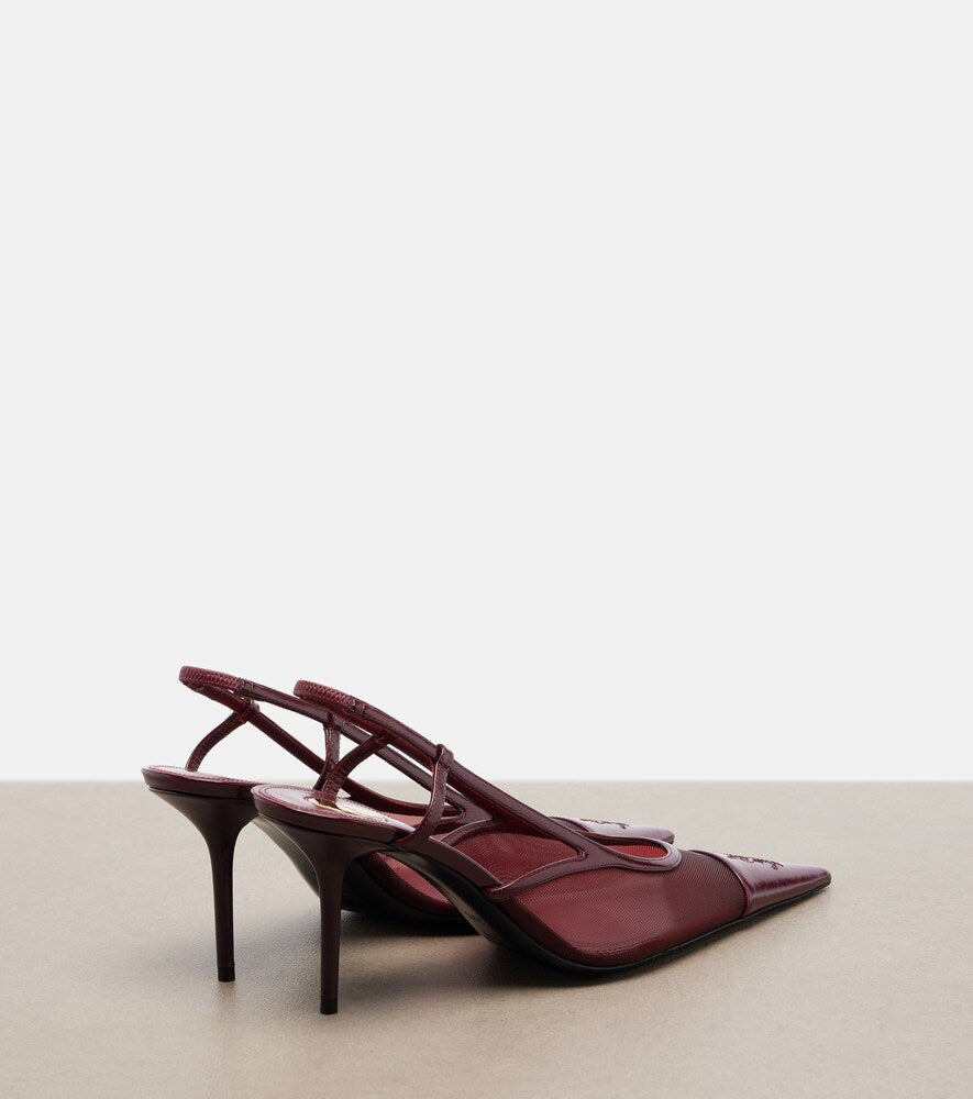 Saint Laurent Renee leather-trimmed mesh slingback pumps (Burgundy) - Mid Heel Pumps