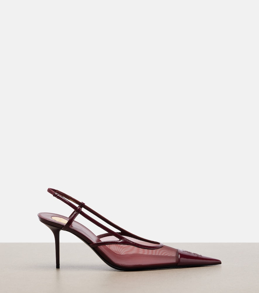 Saint Laurent Renee leather-trimmed mesh slingback pumps (Burgundy) - Mid Heel Pumps