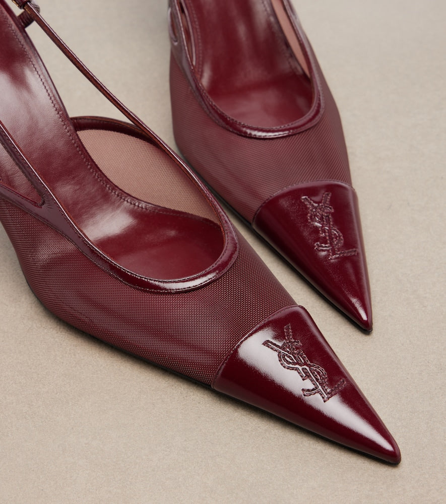 Saint Laurent Renee leather-trimmed mesh slingback pumps (Burgundy) - Mid Heel Pumps