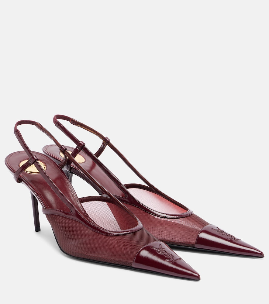 Saint Laurent Renee leather-trimmed mesh slingback pumps (Burgundy) - Mid Heel Pumps