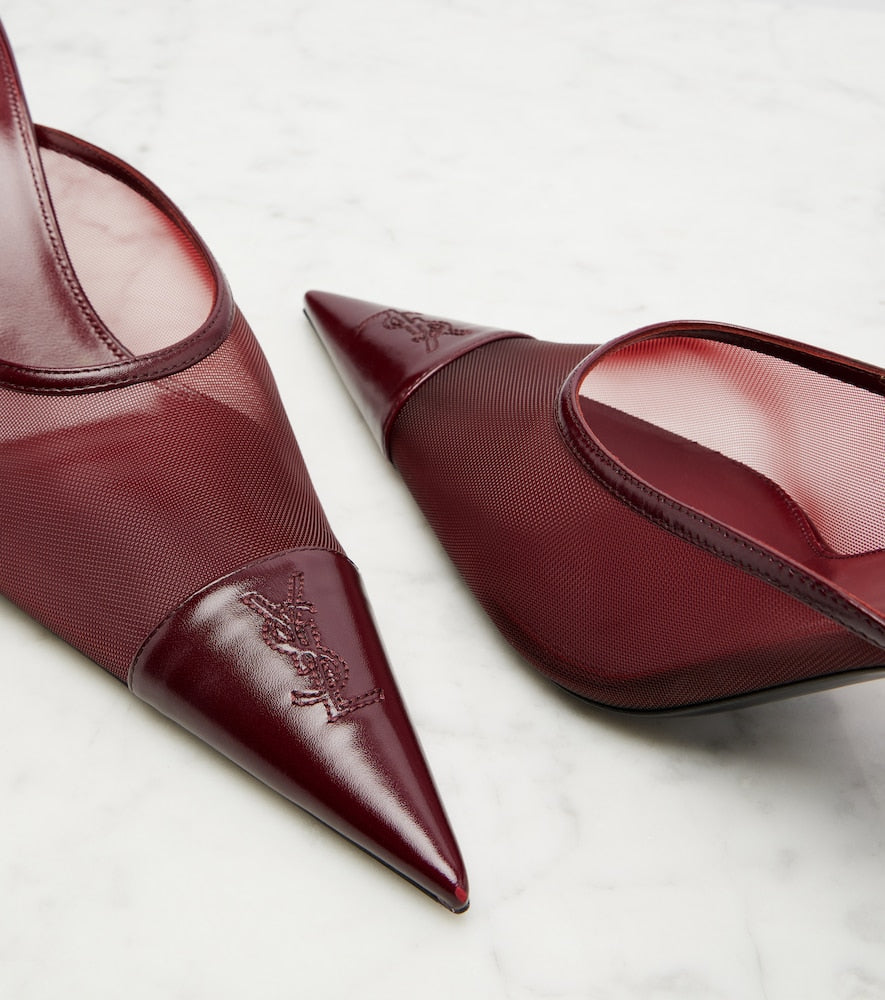 Saint Laurent Renee mesh and leather mules (Burgundy) - Mid Heel Pumps