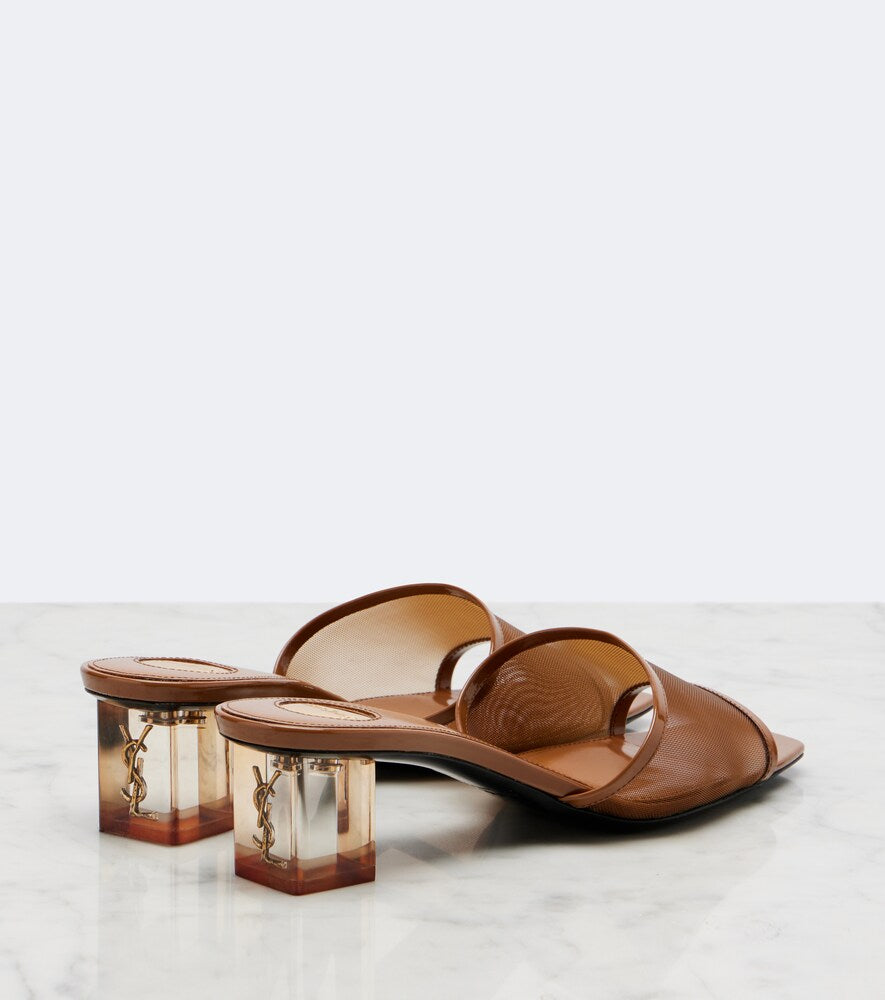 Saint Laurent Sip patent leather-trimmed mesh mules in Brown - Mid Heel Sandals