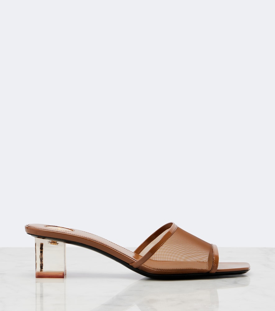 Saint Laurent Sip patent leather-trimmed mesh mules in Brown - Mid Heel Sandals