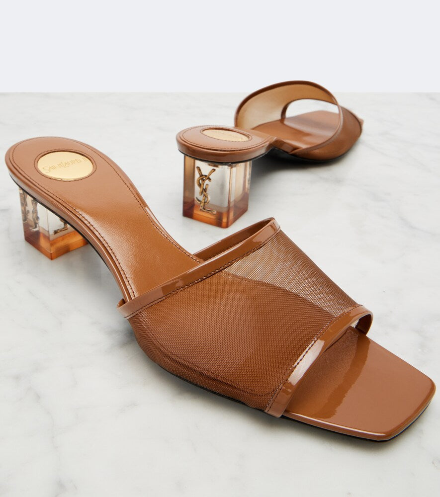 Saint Laurent Sip patent leather-trimmed mesh mules in Brown - Mid Heel Sandals
