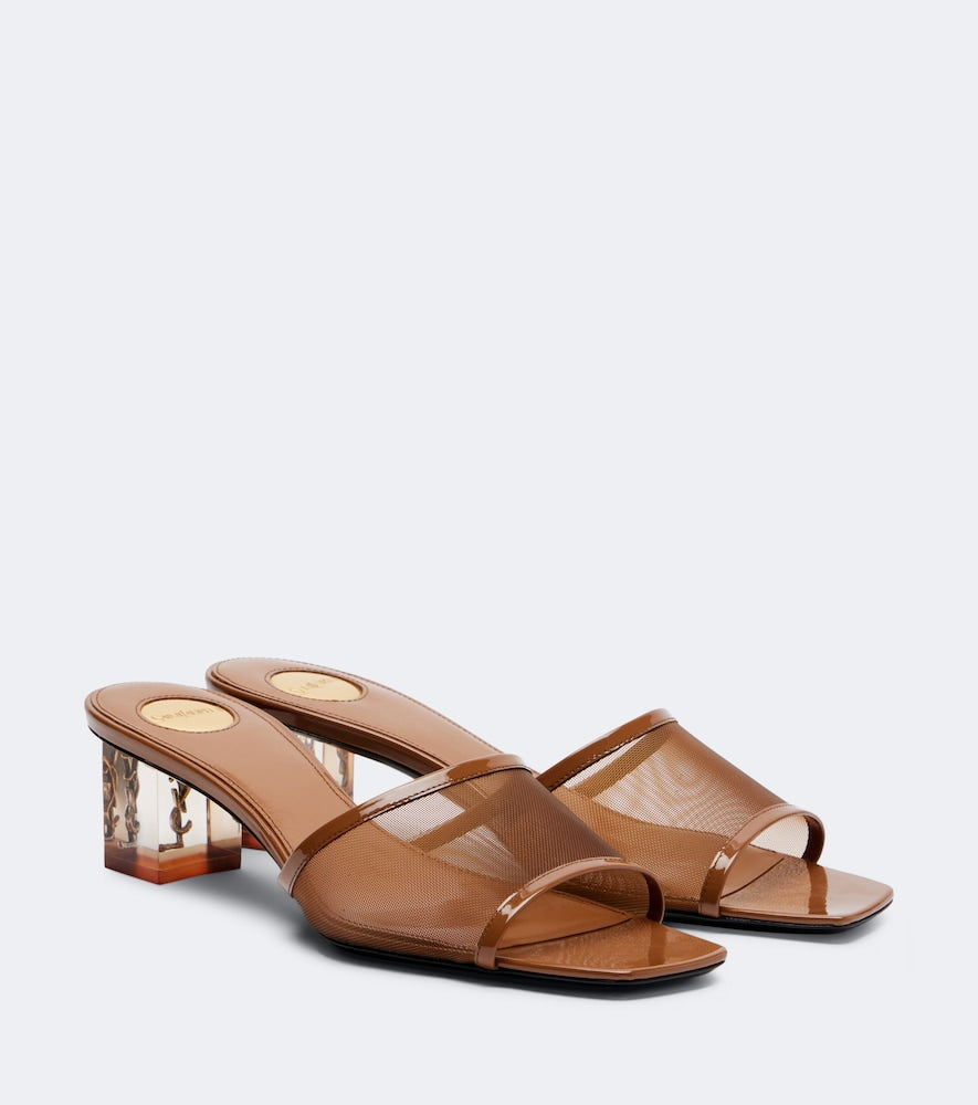 Saint Laurent Sip patent leather-trimmed mesh mules in Brown - Mid Heel Sandals