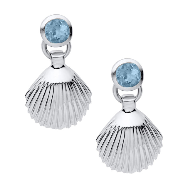 Scalloped Seashell and Blue Topaz Sterling Silver Leverback Earrings
