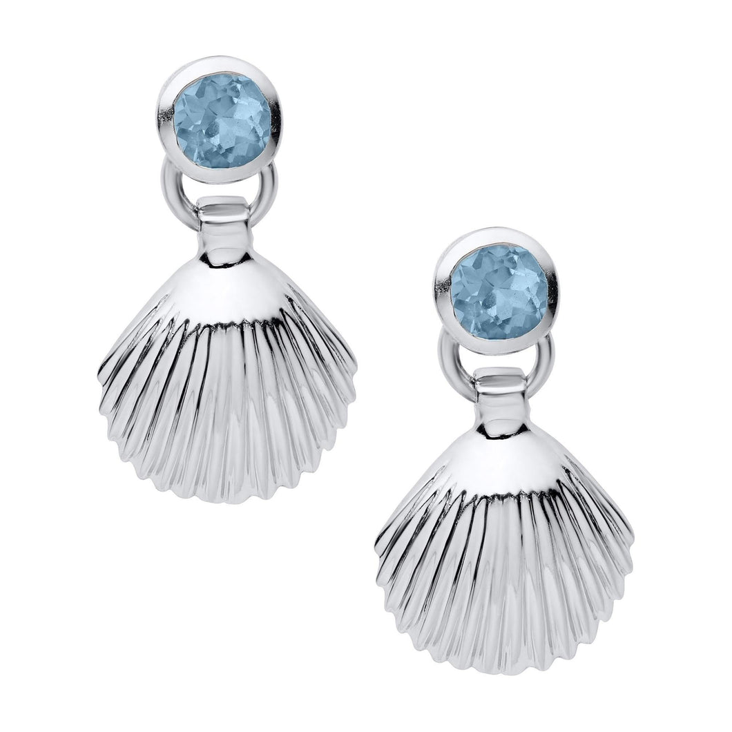 Scalloped Seashell and Blue Topaz Sterling Silver Leverback Earrings